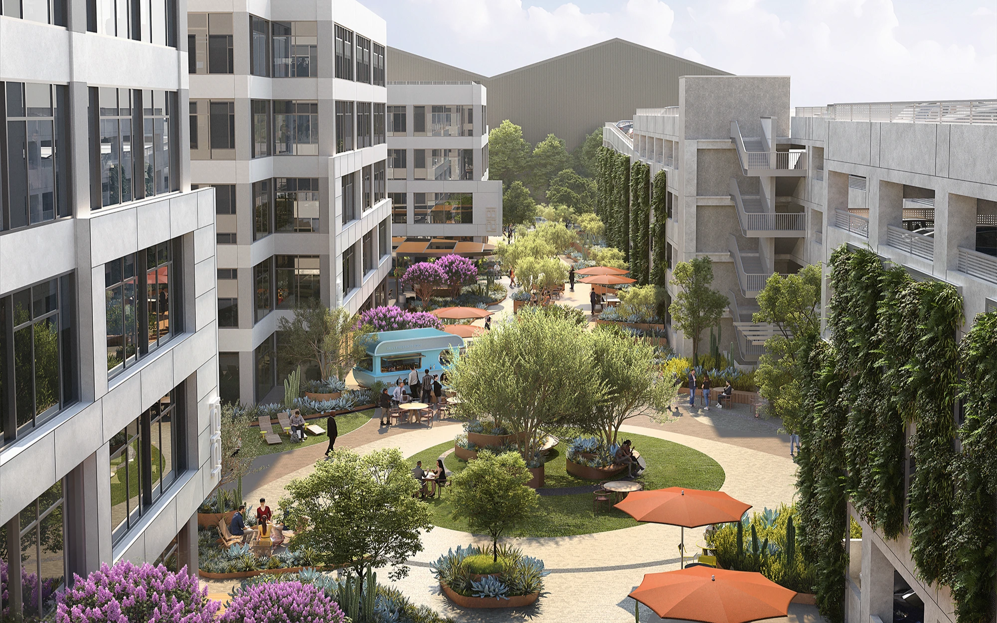 A modern office courtyard with greenery, seating areas, a food truck and vibrant social atmosphere