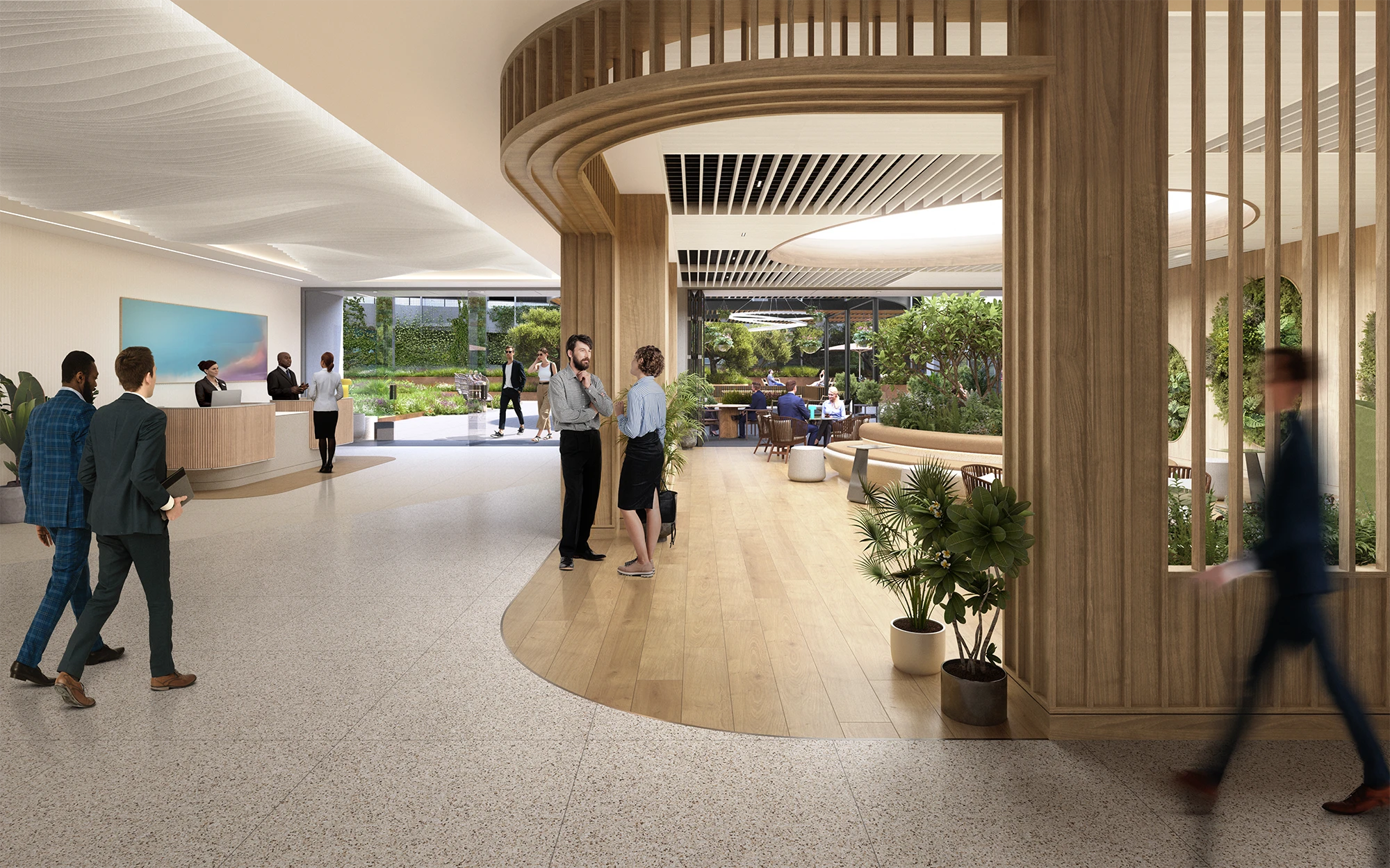 Stylish office lobby with wood finishes, seating areas, and people interacting near the reception desk