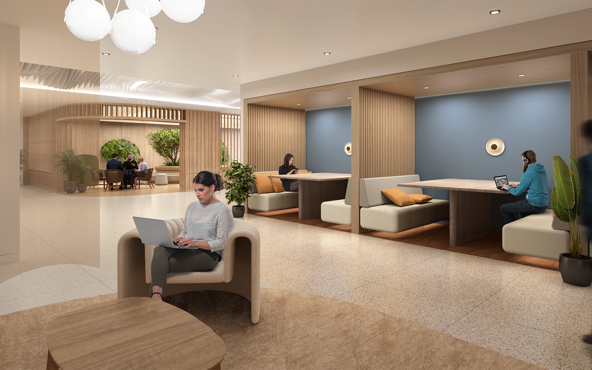 Modern workplace with semi-private workspaces, lounge seating, and a stylish wood-accented design