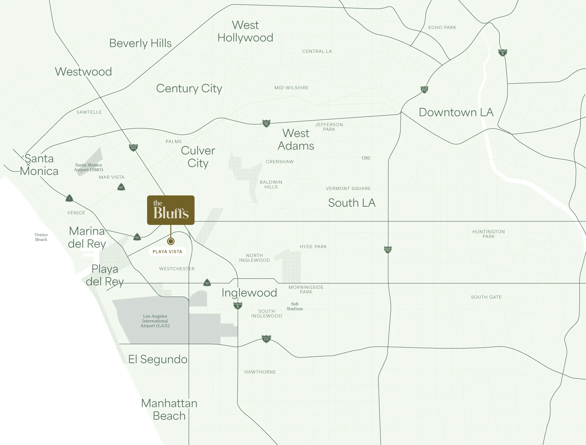 Regional map highlighting The Bluffs in Playa Vista with surrounding cities and major roadways